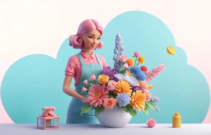 Female Florist Arranging Flowers in Pot 3D Character Design Illustration